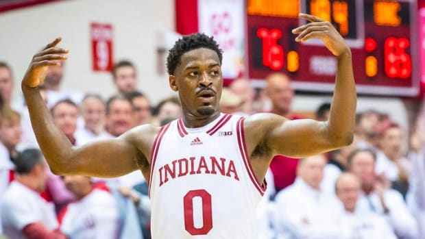 Indiana's Xavier Johnson (0) tries to get the crowd excited during the Indiana versus North Carolina men's basketball game at Simon Skjodt Assembly Hall on Wednesday, Nov. 30, 2022.